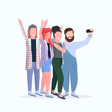 young people group taking selfie photo on smartphone camera casual friends having fun male female cartoon characters full length flat white background vector illustrationのイラスト素材
