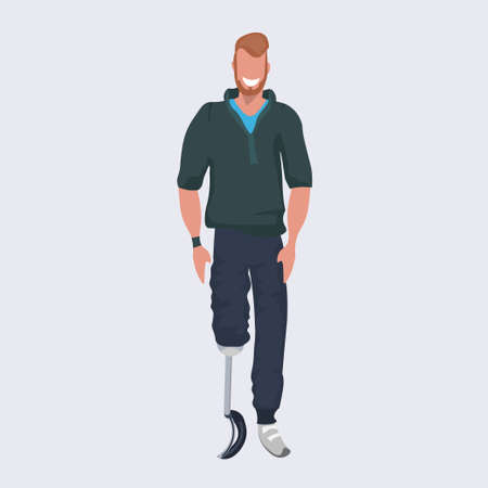 disabled smiling man with prosthesis artificial leg standing pose flat full length vector illustrationのイラスト素材