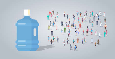 big plastic bottle over people group different occupation employees mix race workers crowd clean water delivery concept horizontal full length flat vector illustrationのイラスト素材