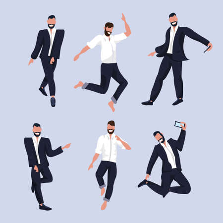 set business men taking selfie photo on smartphone camera businessmen in formal wear collection male cartoon characters posing in suit flat full length vector illustrationのイラスト素材