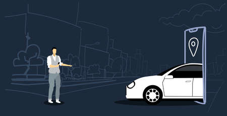 man using mobile carsharing application online ordering taxi car sharing concept transportation service vehicle from smartphone screen modern city street cityscape background sketch horizontal vector illustrationのイラスト素材
