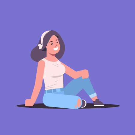 young woman in casual clothes smiling female cartoon character girl sitting posing on violet...