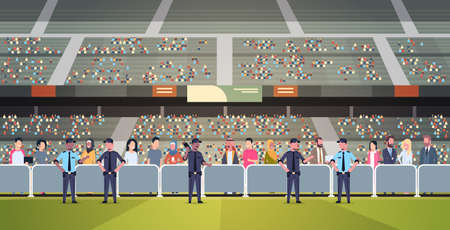 mix race police officers group controlling fans crowd on sport stadium arena at football match championship safety support concept flat horizontal full length vector illustrationのイラスト素材