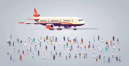 people group on airport terminal with aircraft flying plane different occupation employees mix race workers crowd passengers transportation concept horizontal full length flat vector illustrationのイラスト素材