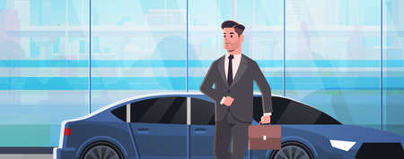 businessman standing near luxury car man in suit holding suitcase going to work business concept flat portrait horizontal vector illustrationのイラスト素材