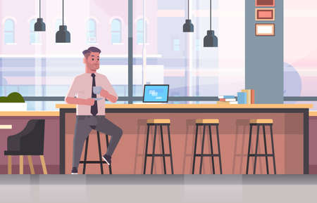 businessman sitting on chair at bar counter with laptop coffee break concept business man drinking cappuccino modern cafe interior flat full length horizontal vector illustrationのイラスト素材