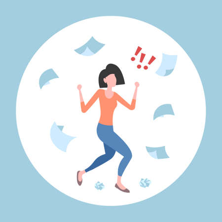 unsatisfied businesswoman throwing paper sheets angry emotional business woman conflict problem fail concept documents flying in air flat full length vector illustrationのイラスト素材