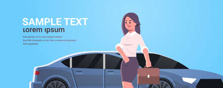 businesswoman standing near luxury car woman in formal wear holding suitcase going to work business concept flat portrait horizontal copy space vector illustrationのイラスト素材