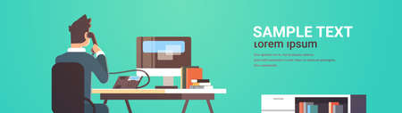 businessman sitting at workplace desk rear view business man using computer while talking on landline phone working process concept flat portrait horizontal copy space vector illustrationのイラスト素材