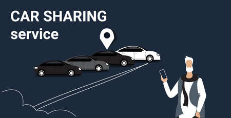frustrated senior man searching car with location geo tag on parking using mobile application carsharing concept smartphone online auto rent service sketch doodle horizontal portrait vector illustrationのイラスト素材