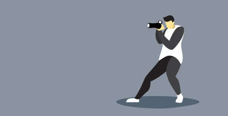 man professional photographer taking photo with camera guy standing and shooting male cartoon...