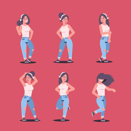 set young women group in casual clothes standing different poses smiling female cartoon characters collection girls posing on red background flat full length vector illustrationのイラスト素材