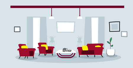 creative lounge area with couch and armchair empty no people modern office or living room interior sketch doodle horizontal vector illustrationのイラスト素材