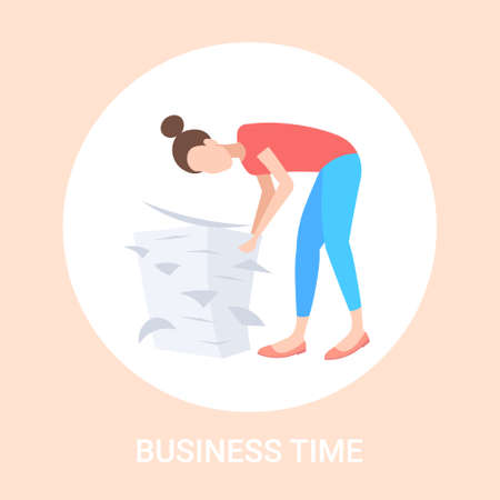 overworked businesswoman engaged in work with paper documents stack deadline hard working paperwork concept flat full length vector illustrationのイラスト素材