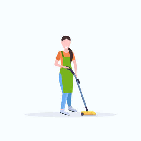 woman in apron using vacuum cleaner female janitor cleaning service floor care concept flat full length white background vector illustrationのイラスト素材