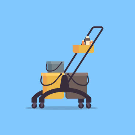 cleaning service trolley cart with supplies janitor company concept flat vector illustrationのイラスト素材