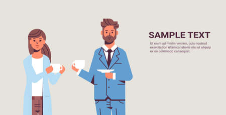 businesspeople couple drinking cappuccino during meeting business man woman discussing colleagues standing together coffee break concept flat copy space portrait horizontal vector illustrationのイラスト素材