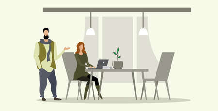 businesspeople couple brainstorming businesswoman with male assistant using laptop discussing new project during meeting at workplace modern office interior sketch full length horizontal vector illustrationのイラスト素材