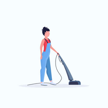 woman using vacuum cleaner female janitor in uniform cleaning service floor care concept flat full length white background vector illustrationのイラスト素材