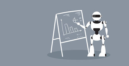 modern robot presenting financial graphs finance report on flip chart business presentation artificial intelligence concept future digital technology sketch doodle horizontal full length vector illustrationのイラスト素材