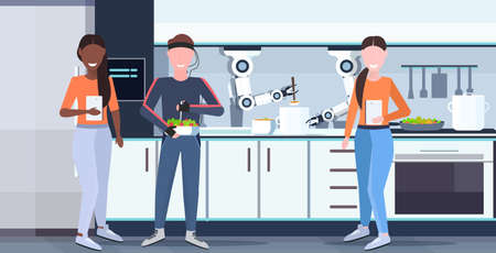 women using mobile app controlling man humanoid with wires electrodes indicators smart handy chef robot preparing food robotic assistant concept modern kitchen interior flat horizontal vector illustrationのイラスト素材