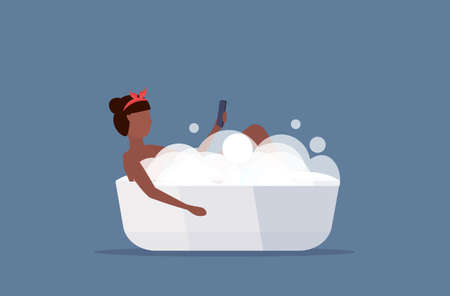 woman lying in bathtub using smartphone social media network communication digital gadget addiction concept african american girl showering flat full length horizontal vector illustrationのイラスト素材