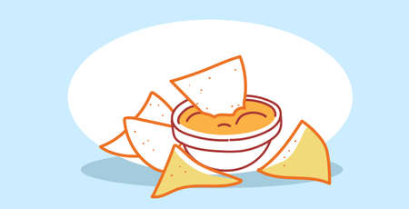 tasty potato corn tortilla chips with sauce in bowl fast food classic american fastfood hand drawn sketch doodle horizontal vector illustrationのイラスト素材