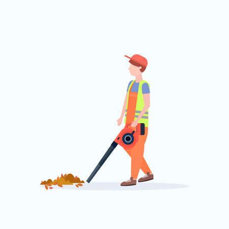 male street cleaner holding leaves blower man in uniform cleaning service concept full length flat white background vector illustrationのイラスト素材
