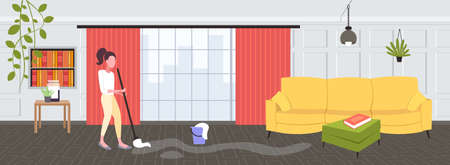 housewife mopping floor woman cleaner using mop cleaning service housework concept modern living room interior full length flat horizontal vector illustrationのイラスト素材