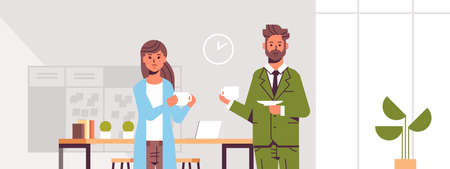 businesspeople couple drinking cappuccino business man woman discussing during meeting coffee break concept modern office interior lounge area flat portrait horizontal vector illustrationのイラスト素材