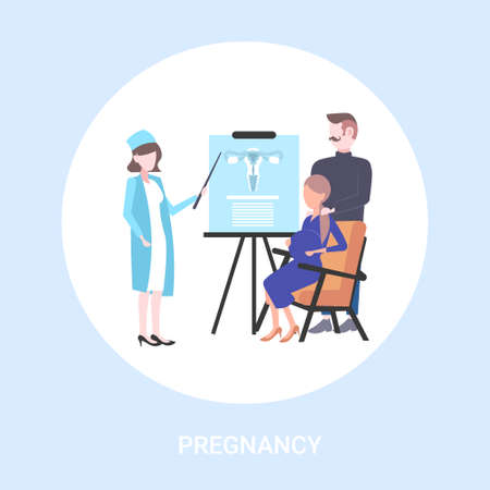 pregnant woman with her husband visiting female doctor gynecologist pointing flip chart with ovaries conducting pregnancy gynecology consultation concept flat full length vector illustrationのイラスト素材
