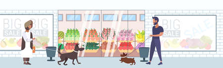 mix race people walking with dogs having fun in front of supermarket mall grocery shop exterior flat full length horizontal banner vector illustrationのイラスト素材