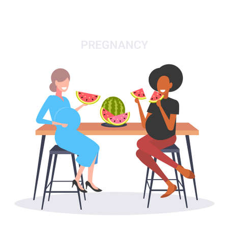 couple pregnant women eating watermelon fresh fruit mix race girls discussing during meeting pregnancy and motherhood concept flat full length vector illustrationのイラスト素材