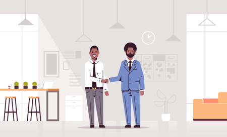 couple men handshaking african american business partners hand shake during meeting agreement partnership concept co-working center modern office interior flat full length horizontal vector illustrationのイラスト素材