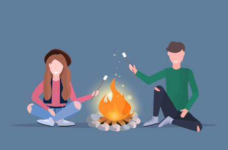 couple hikers roasting marshmallow candies on campfire hiking camping concept man woman travelers on hike horizontal full length flat vector illustrationのイラスト素材