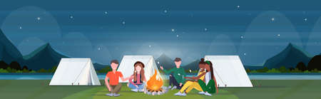 mix race hikers group roasting marshmallow candies on campfire hiking camping concept travelers on hike campsite night mountains landscape nature background horizontal full length flat vector illustrationのイラスト素材