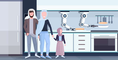 smart handy chef robot preparing delicious pancakes on frying pan for arabic family robotic assistant innovation technology artificial intelligence concept modern kitchen interior flat horizontal vector illustrationのイラスト素材