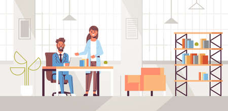 businessman with female assistant using laptop discussing new project during meeting at workplace teamwork concept creative workspace modern office interior flat full length horizontal vector illustrationのイラスト素材