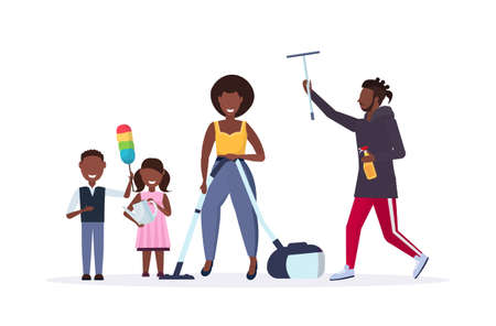 family doing housework together african american father wiping glass window mother using vacuum cleaner children dusting cleaning housekeeping concept full length horizontal white background vector illustrationのイラスト素材