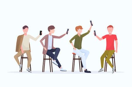 men in different poses taking selfie photo on smartphone camera casual male cartoon characters group sitting on chair posing white background flat full length horizontal vector illustrationのイラスト素材