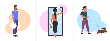 woman cleaner wiping glass mirror man holding bags with groceries walking with dog people doing...