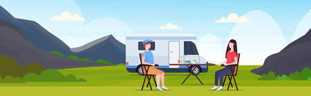 couple sitting at table near camping family trailer truck caravan car man woman spendingtime togeher summer vacation concept beautful nature landscape background flat full length horizontal vector illustrationのイラスト素材