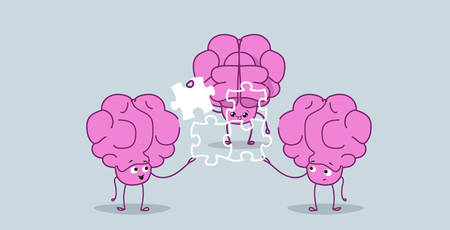 cute human brains putting parts of puzzle together pink cartoon characters brainstorming process...