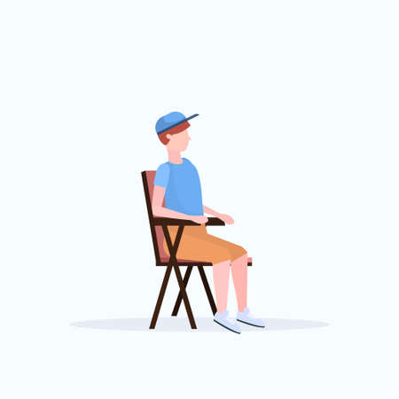 man hiker sitting in folding chair hiking camping concept male traveler on hike full length white...