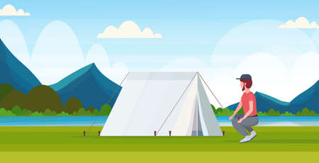 man hiker camper installing a tent preparing for camping hiking concept traveler on hike beautiful river mountains landscape background horizontal full length flat vector illustrationのイラスト素材