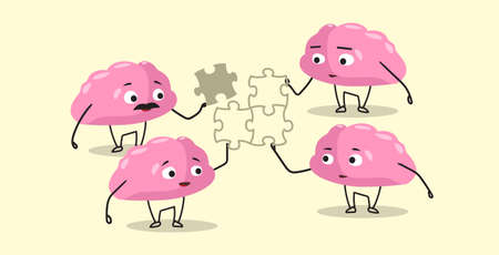 cute human brains putting parts of puzzle together pink cartoon characters brainstorming process successful teamwork strategy concept kawaii style horizontal vector illustrationのイラスト素材