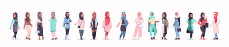 set arabic women in hijab different arab girls wearing headscarf traditional clothes female cartoon...