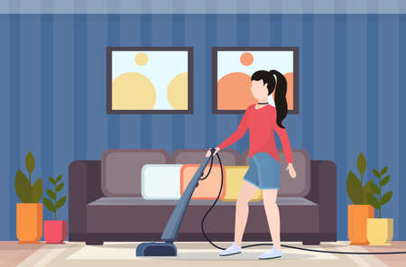woman using vacuum cleaner housewife doing housework floor care concept modern living room interior flat full length horizontal vector illustrationのイラスト素材