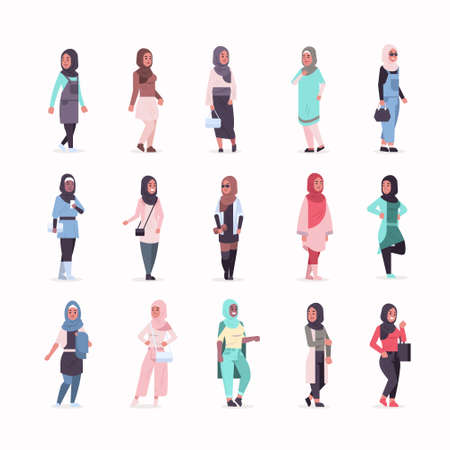 set arabic women in hijab different arab girls wearing headscarf traditional clothes female cartoon characters collection full length flat vector illustrationのイラスト素材
