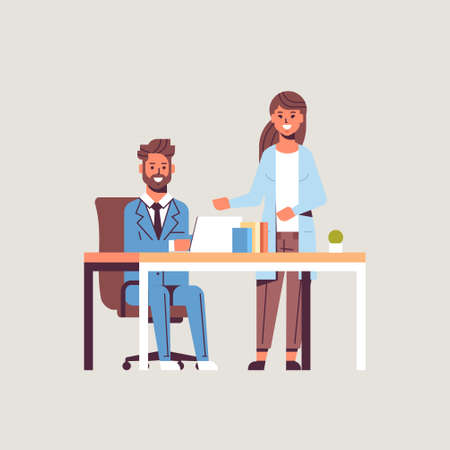 businesspeople couple brainstorming businessman with female assistant using laptop discussing new project during meeting at workplace teamwork concept flat full length vector illustrationのイラスト素材